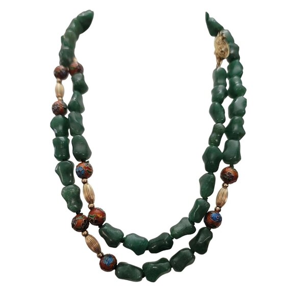 Silver Chinese Export Red Cloisonné, Aventurine Knotted Bead Necklace 30" L E869 - Picture 12 of 12